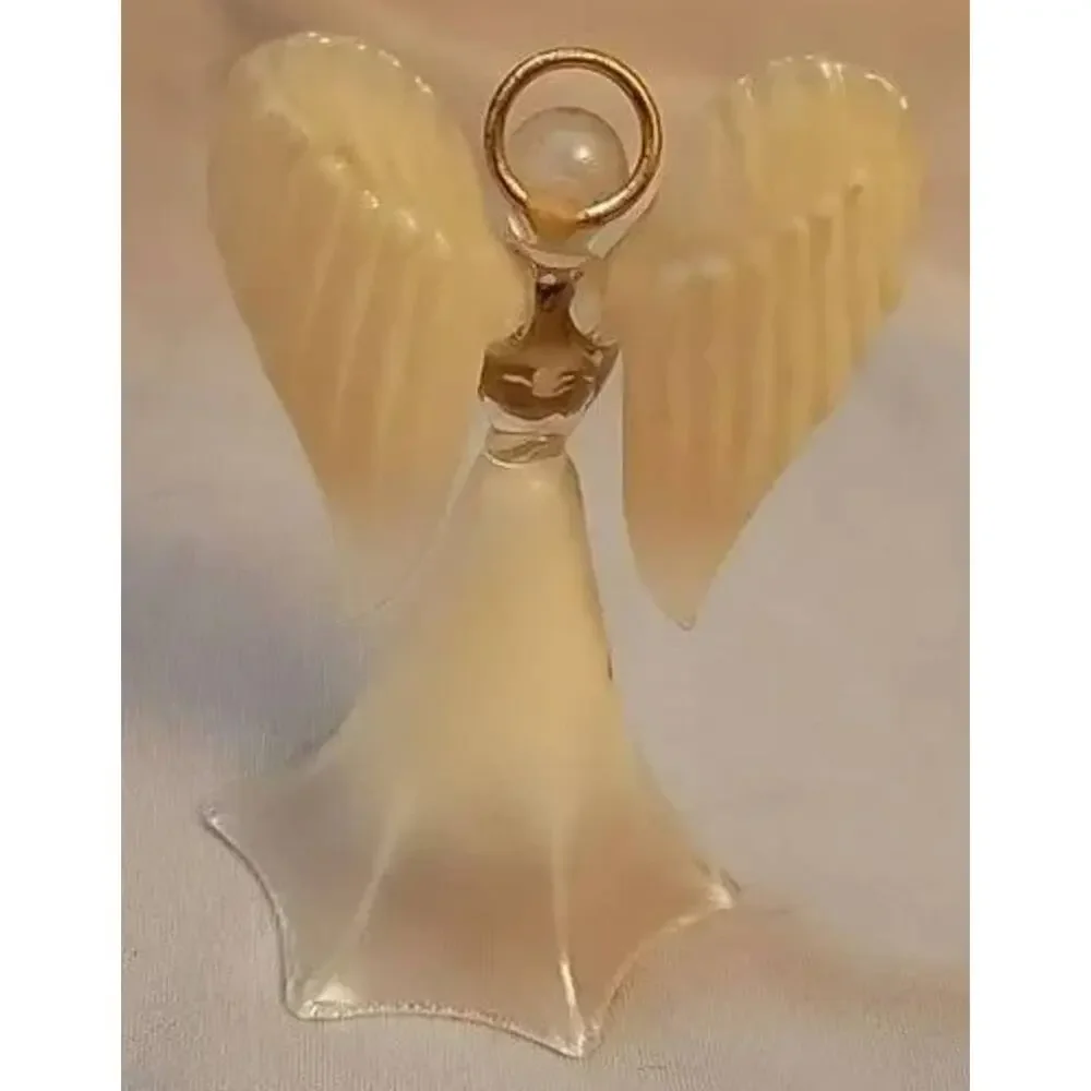 Vintage Glass Christmas Angel with Halo, Golden Painted Robe, and Pink Gem